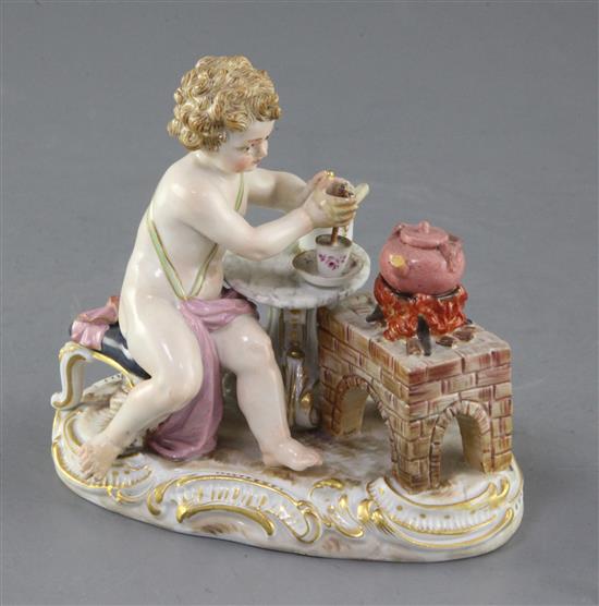 A Meissen figure of Cupid making a cup of hot chocolate, 19th century 10.6cm, slight restorations